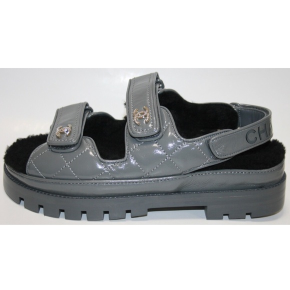 36 Chanel Quilted Leather Grey Swarovski Crystal CC Fur Dad Sandals